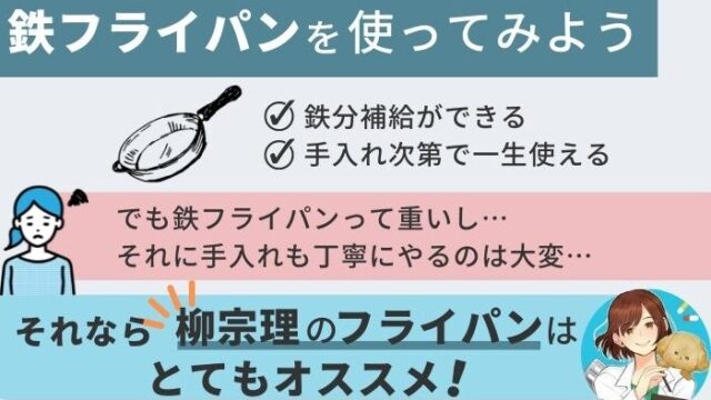 鉄フライパンを使うメリットについて説明したうえで、柳宗理のフライパンを勧める図解